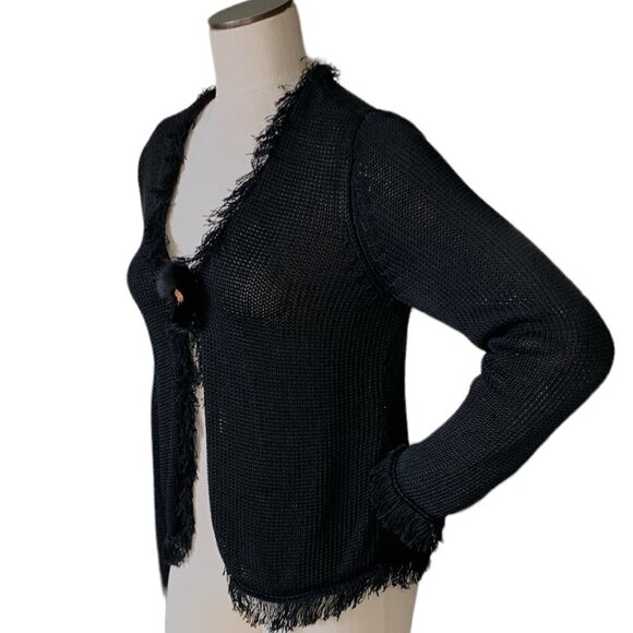 Chico's Linen Bl Fringe Open Cardigan & VTG Flapper Brooch Sz 2 L/12 Black #88G - Picture 5 of 9